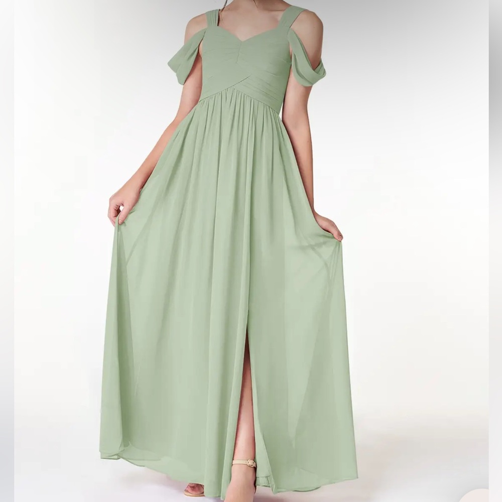 AZAZIE LIANNE JUNIOR Dusty Sage A-Line Off the Shoulder Chiffon Dress